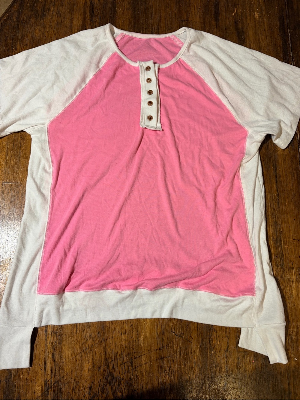Women's Pink and Cream Short-Sleeve Henley Top